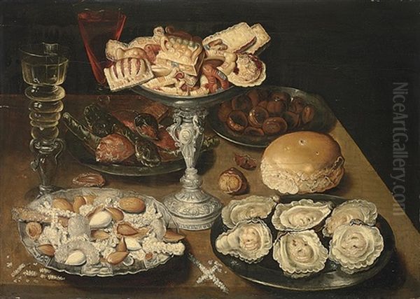 A Silver Tazza Of Sweetmeats, Pewter Platters Of Oysters Oil Painting by Osias, the Elder Beert