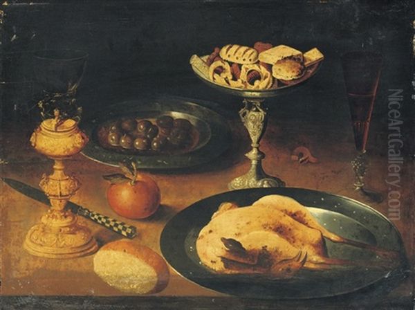 A Roasted Chicken, A Facon De Venise Glass Of Red Wine, On A Ledge Oil Painting by Osias, the Elder Beert