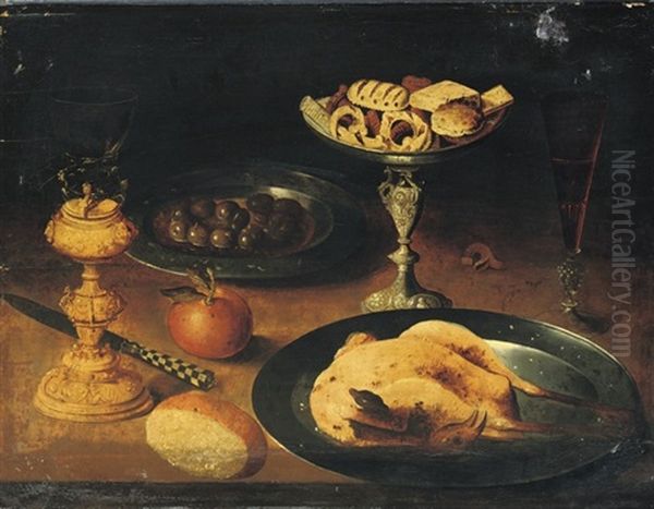 A Roasted Chicken, A Facon De Venise Of Red Wine, Sweetmeats On A Silver Tazza... Oil Painting by Osias, the Elder Beert