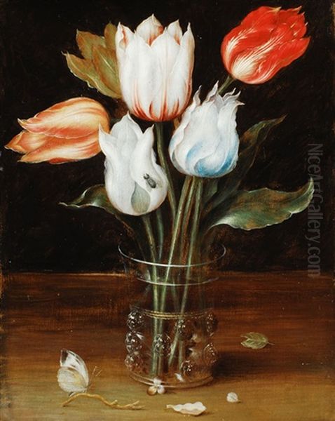 Blumenstillleben Mit Funf Tulpen In Einem Genoppten Glasbecher Mit Schmetterling Oil Painting by Osias, the Elder Beert