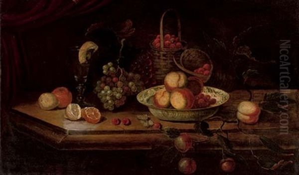 Peaches And Berries In A Wanli Kraak Porcelain Bowl With Grapes Oil Painting by Osias, the Elder Beert
