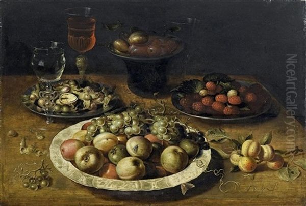 A Still Life Of Apples And Grapes In A Porcelain Bowl, Raspberries And Walnuts In Pewter Dishes, A Dish Of Plums On A Pewter Dish Atop A Stand, With Three Wine-glasses On A Wooden Table Oil Painting by Osias, the Elder Beert
