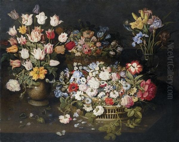 Still Life Of Tulips And An Apothecary's Rose In A Stoneware Vase, Irises And Lilies In A Glass Vase, Together With Roses, Lilies And Other Flowers In A Wicker Basket On A Table Top With Butterflies Oil Painting by Osias, the Elder Beert
