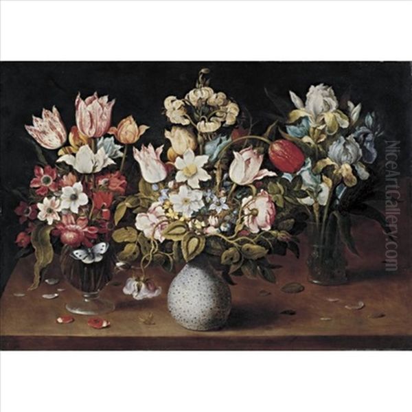 Still Life Of Three Floral Bouquets Resting On A Table Oil Painting by Osias, the Elder Beert