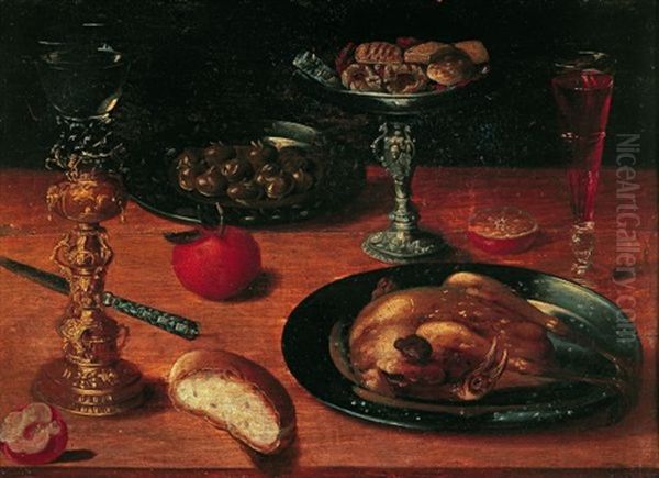 Nature Morte Aux Verre Monte, Volaille, Plats D'olives Et De Confiseries Sur Un Entablement Oil Painting by Osias, the Elder Beert