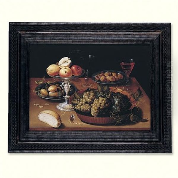 Grapes In A Dish, Apples In A Silver Tazza, Hazelnuts And Medlars On Pewter Plates, Glasses And A Bread Roll On A Wooden Table Oil Painting by Osias, the Elder Beert