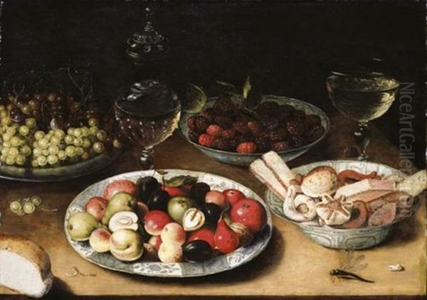 Still Life Of Plums, Nuts And Apples, Raspberries And Sweetmeats In Three Blue-and-white Porcelain Bowls Oil Painting by Osias, the Elder Beert