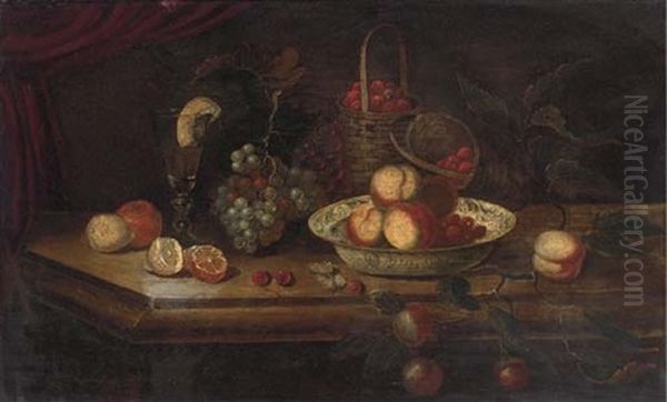 Peaches And Berries In A Wanli Kraak Porcelein Bowl With Grapes, A Peeled Lemon And Orange, A Roemer And A Basket Of Strawberries On A Ledge Oil Painting by Osias, the Elder Beert