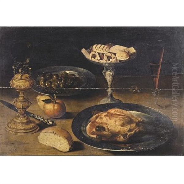Still Life With A Roast Chicken On A Pewter Plate, Sweetmeats On A Tazza, A Roemer On A Gilt Stand, A Glass Of Wine, Olives In A Pewter Dish, A Knife, A Bread Roll And Fruit, On A Table Oil Painting by Osias, the Elder Beert