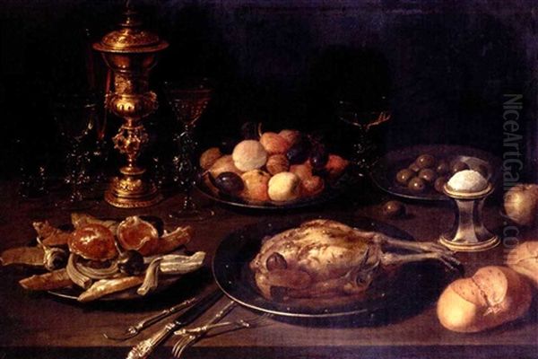 Still Life With Shells, Fruit, Olives, And A Roast Bird On Pewter Plates, Together With Glasses, A Bronze-covered Cup, A Salt-seller And Buns On A Wooden Table Oil Painting by Osias, the Elder Beert
