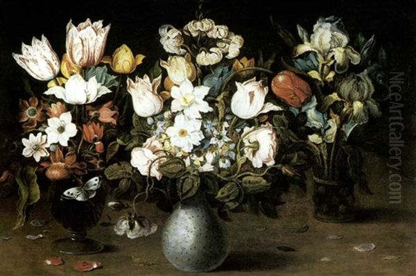 Drei Vasen Mit Blumen Auf Einen Tisch (collab. W/workshop) Oil Painting by Osias, the Elder Beert