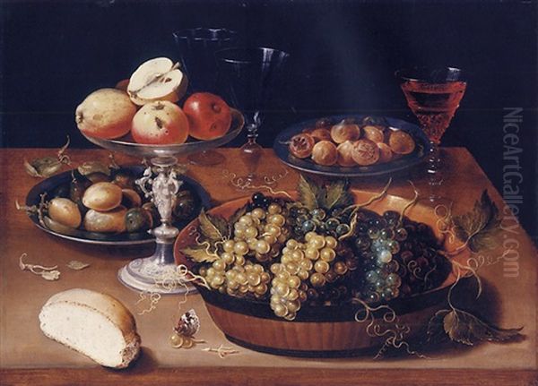 A Silver Tazza Of Apples, A Lacquer Bowl Of Grapes, Two Pewter Plates With Plums And Medlars, Half A Bread Roll And Wine Glasses On A Wooden Table Oil Painting by Osias, the Elder Beert