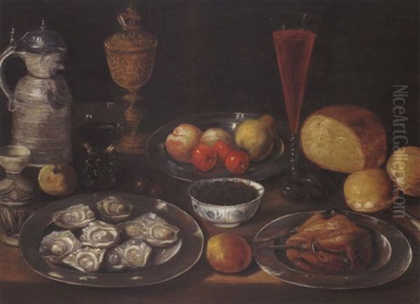 Stillleben Mit Austern, Fruchten Und Einem Gebratenen Huhn In Zinntellern Sowie Einem Vergoldeten Prunkpokal, Mit Tonkrugen, Einem Delfter Schalchen Mit Pistazien Und Zwei Gefullten Weinglasern Oil Painting by Osias, the Elder Beert
