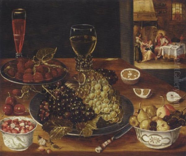 Grapes And Mulberries On Pewter Platters, Pears, Cherries And Strawberries In Porselein Bowls, A Wine Glass And A Roemer On A Table, Christ In The House Of Mary And Martha Beyond Oil Painting by Osias, the Elder Beert