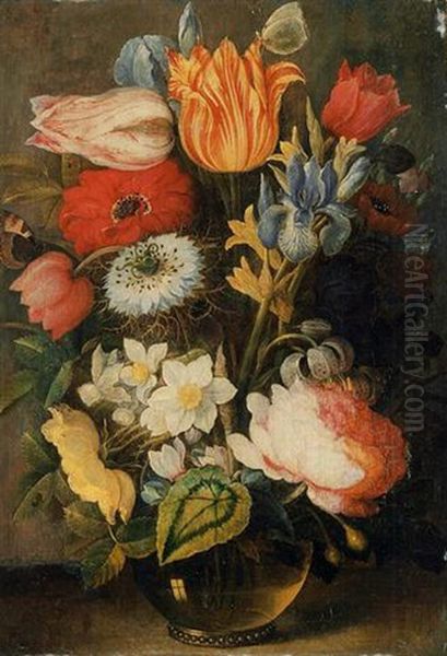 Tulips, Roses, Lilies, Irises And Other Flowers In A Glass Vase On A Ledge With Butterflies Oil Painting by Osias, the Elder Beert