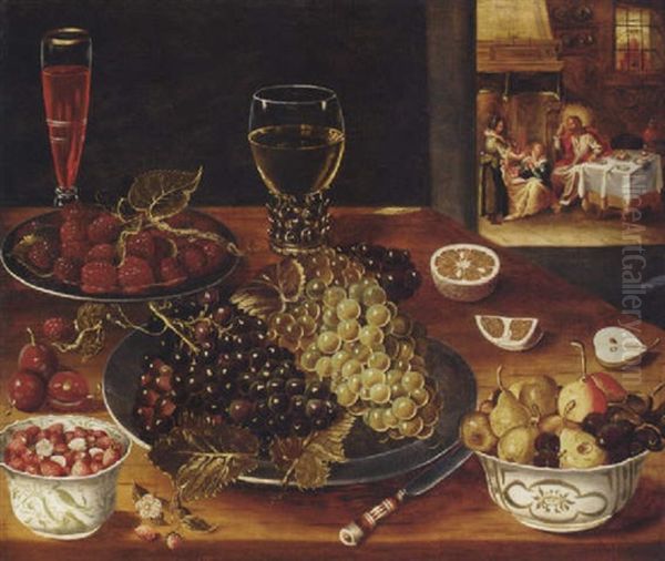 Grapes And Mulberries On Pewter Platters, Pears, Cherries And Strawberries In Wanli Kraak Porselein Bowls, A Wine Glass And A Roemer On A Table Oil Painting by Osias, the Elder Beert
