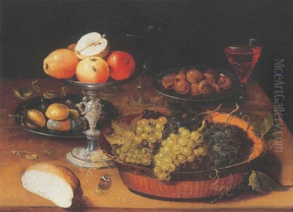 Pommes Dans Une Coupe A Pied, Raisins Dans Une Coupe, Prunes Dans Une Assiette En Metal, Des Verres A Pied Oil Painting by Osias, the Elder Beert