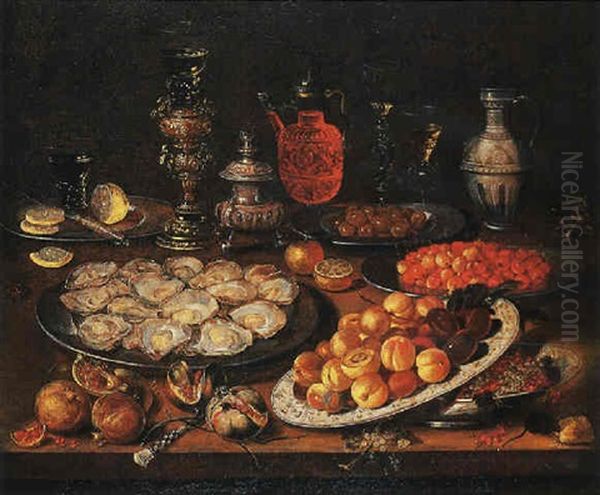 Oysters, Peaches, Cherries, Red Currants And Olives On Plates With A Sliced Lemon, A Knife, A Roemer, And A Mouse On A Table Oil Painting by Osias, the Elder Beert