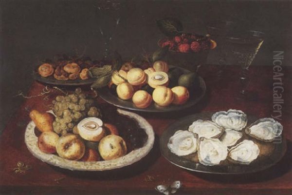 Stilleben Mit Austern, Drei Platten Mit Fruchten, Maulbeeren In Einer Bol Und Drei Glasern Oil Painting by Osias, the Elder Beert