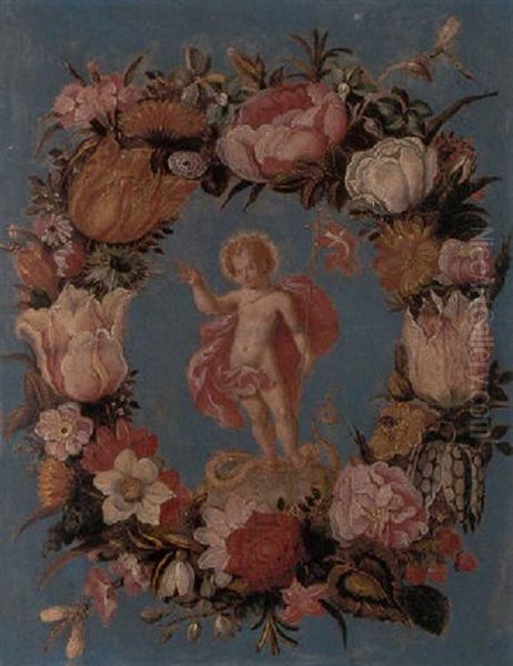 The Infant Christ Triumphant Over Sin, Set In A Garland Of Flowers Oil Painting by Osias, the Elder Beert