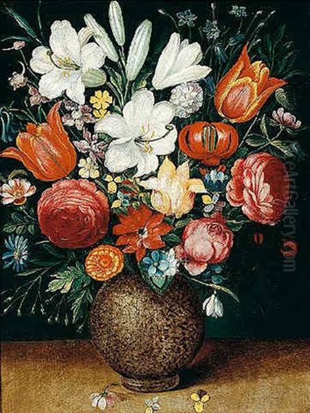 Still Life Of Flowers, Including Tulips, Lilies, An Iris, Marigold, And A Snowdrop In A Stoneware Vase Oil Painting by Osias, the Elder Beert