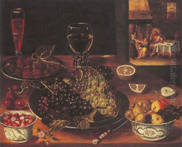 Grapes And Raspberries On Salvers, Strawberries, Apples And Cherries With A Wine Glass And A Roemer, Christ With Martha And Mary Beyond Oil Painting by Osias, the Elder Beert