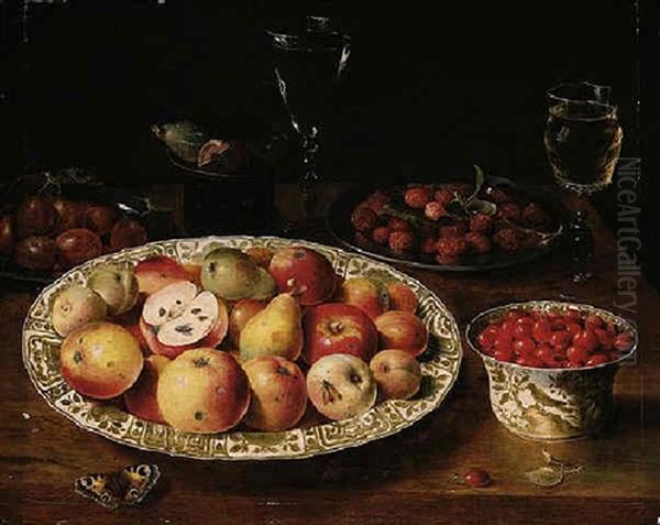 A Still Life Of Apples, Peaches And Pears In A Wan-li Porcelain Dish, Red Grapes, Plums, Raspberries, Figs, Glasses And A Butterfly On A Wooden Table Top Oil Painting by Osias, the Elder Beert