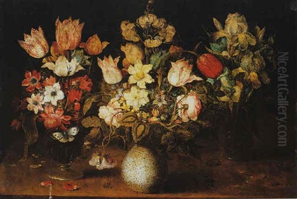 Nature Morte Aux Trois Vases De Fleurs Disposes Sur Un Entablement Oil Painting by Osias, the Elder Beert