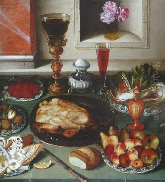 Nature Morte Aux Fruits, Friandises, Orfevrerie Et Deux Verres Sur Un Entablement Oil Painting by Osias, the Elder Beert