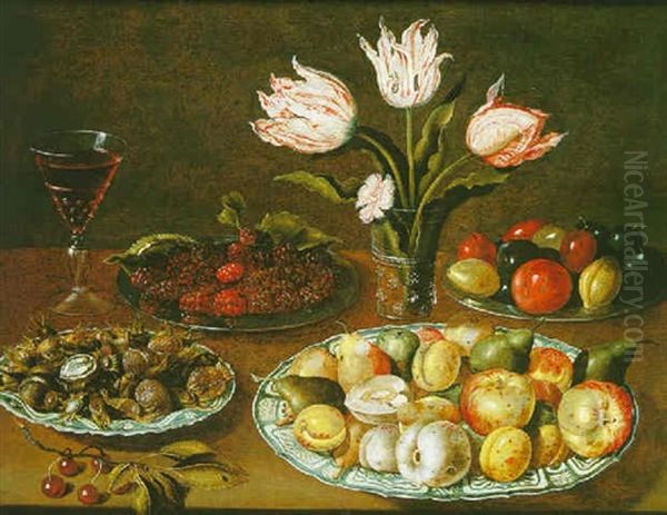 Nature Morte Aux Plats De Fruits, Verre De Vin Et Vase De Fleurs Sur Un Entablement Oil Painting by Osias, the Elder Beert