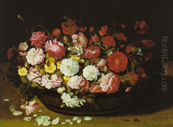 Blumenstuck, Brauner Blumenkorb Gefullt Mit Weisen, Rosa Und Roten Vollerbluhten Rosen Oil Painting by Osias, the Elder Beert