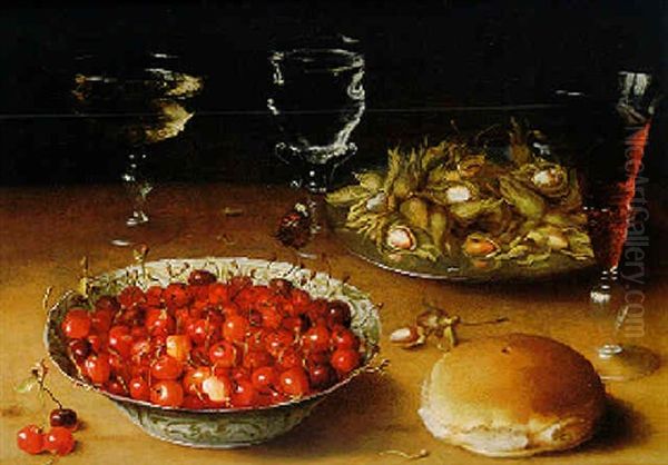 Still Life With A Butterfly, Cherries In A Wan-li Porcelain Bowl, Hazelnuts, Wineglasses And Bread, All On A Tabletop Oil Painting by Osias, the Elder Beert