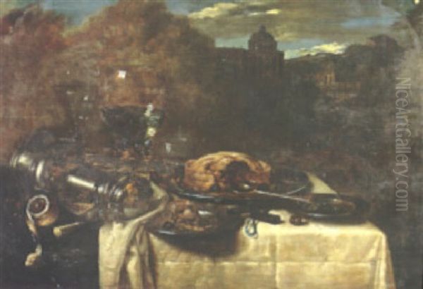 A Still Life With A Pie, Plates, Goblets And A Lemon On A Table With Buildings Beyond Oil Painting by Osias, the Elder Beert