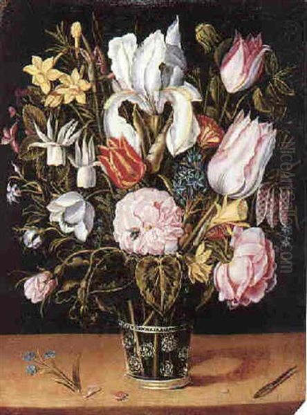 Still Life Of Flowers In A Glass Roemer Beside A Ladybird On A Wooden Table Oil Painting by Osias, the Elder Beert