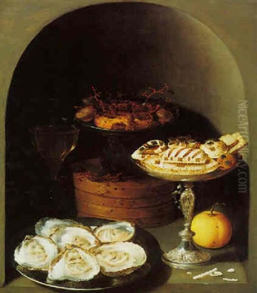 Still Life Of Oysters, Sweetmeats And Dried Fruit Displayed In A Niche Oil Painting by Osias, the Elder Beert