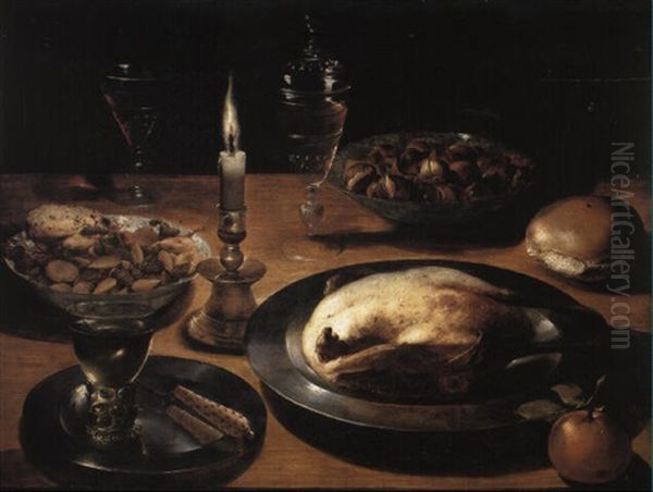 Duck On A Pewter Plate, Hazlenuts, Bowl And Roemer On A Table Oil Painting by Osias, the Elder Beert