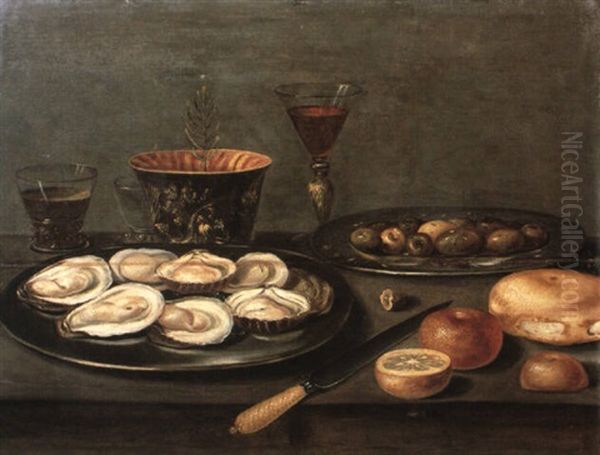 Still Life With Oysters And Olives On Plates, Wine Glasses...on A Table Oil Painting by Osias, the Elder Beert
