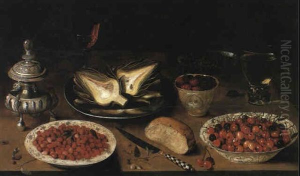 Pewter Plate With Artichoke, Berries And Dishes On A Table Oil Painting by Osias, the Elder Beert