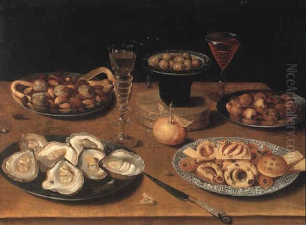 Oysters, Hazlenuts, Olives, Figs, A Glass Of Wine And A Knife On A Table Oil Painting by Osias, the Elder Beert