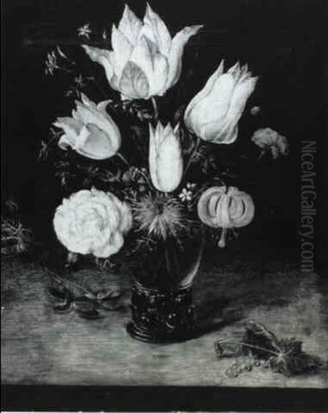 A Rose And Other Flowers In A Roemer On A Ledge - A Fragment Oil Painting by Osias, the Elder Beert