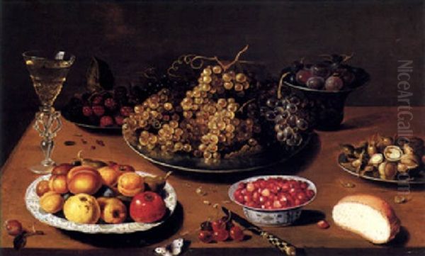 Still Life Of Grapes, Plums, Nuts And Raspberries On Pewter Plates With Fraises De Bois And Fruit Oil Painting by Osias, the Elder Beert
