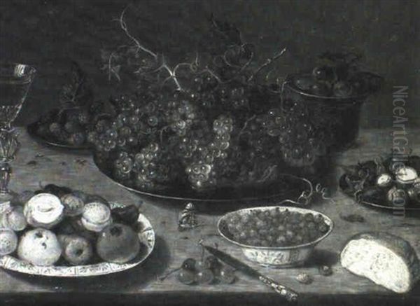 Berries In A Wan-li Bowl, A Pomegranate, Pear And Other     Fruit On A Wan-li Platter, Grapes On A Pewter Platter... Oil Painting by Osias, the Elder Beert