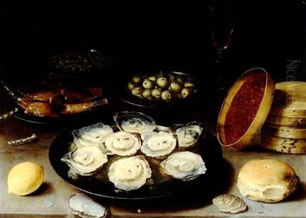Still Life With A Pl;ate Of Oysters, Olives, Capers And     Other Delicacies, All On A Table Oil Painting by Osias, the Elder Beert