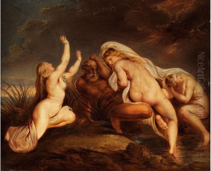 Die Nereiden Mit Ihrem Vater Nereus Imsturm, Auf Die Hilfe Des Gottervaters Zeus Wartend Oil Painting by Carl Josef Alois Agricola