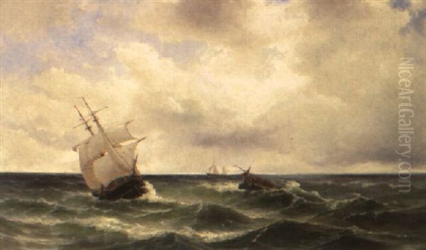 A Two-master On A Choppy Sea Oil Painting by Jacob Eduard Heemskerck van Beest