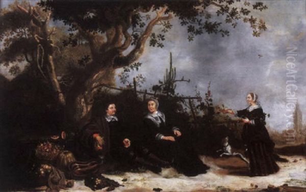 A Gentleman With Two Ladies Resting By A Tree With A Basket Of Apples, Melon, Pumpkins And Plums Oil Painting by Sybrand Van Beest