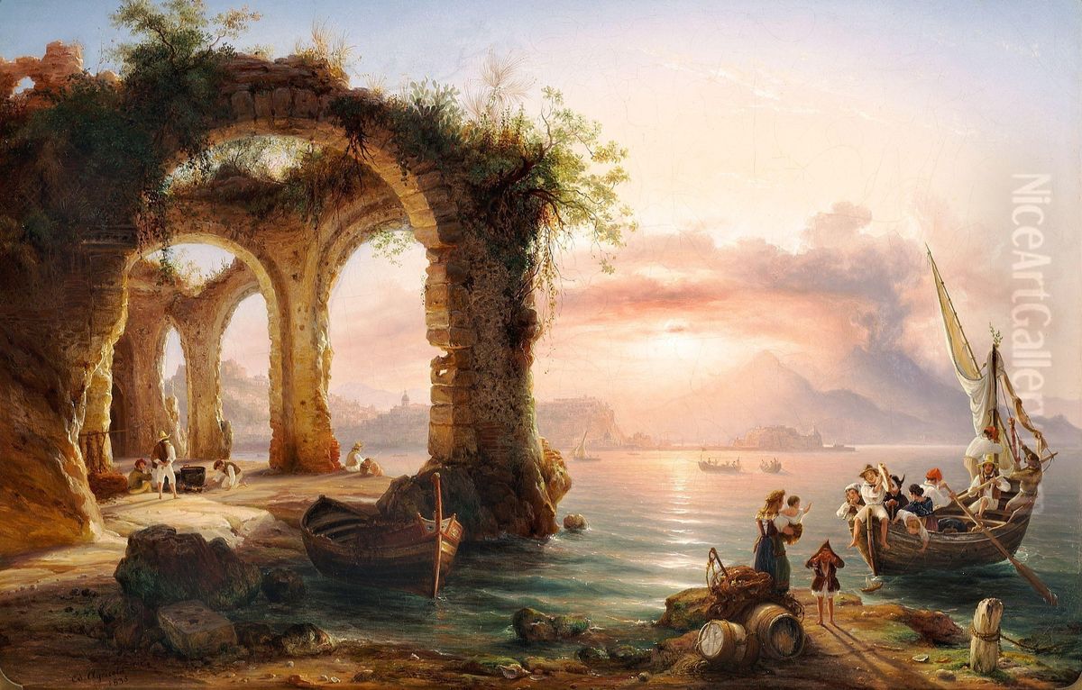 Sunset In The Bay Of Naples Oil Painting by Eduard Agricola