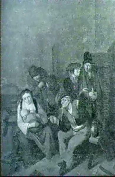 A Woman Suckling Her Child In The Company Of Conversing     Peasants Gathered In An Interior Oil Painting by Cornelis Pietersz Bega