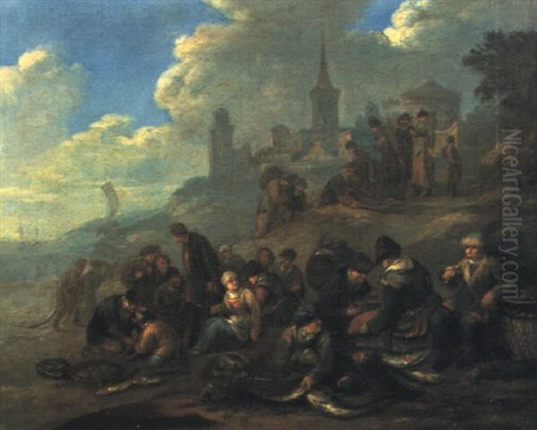 Fisherfolk With Their Catch On A Beach, A Town Beyond Oil Painting by Cornelis Pietersz Bega