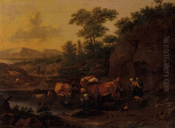 An Italianate Landscape With Herdsman And Cattle Crossing A River Oil Painting by Abraham Jansz. Begeyn